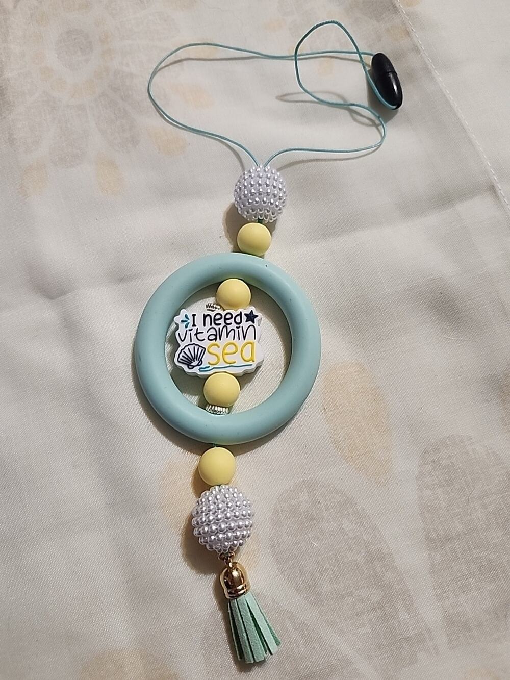 Beaded Car Charm For Rear View 'I Need Vitamin Sea' Handmade Blue & Yellow
